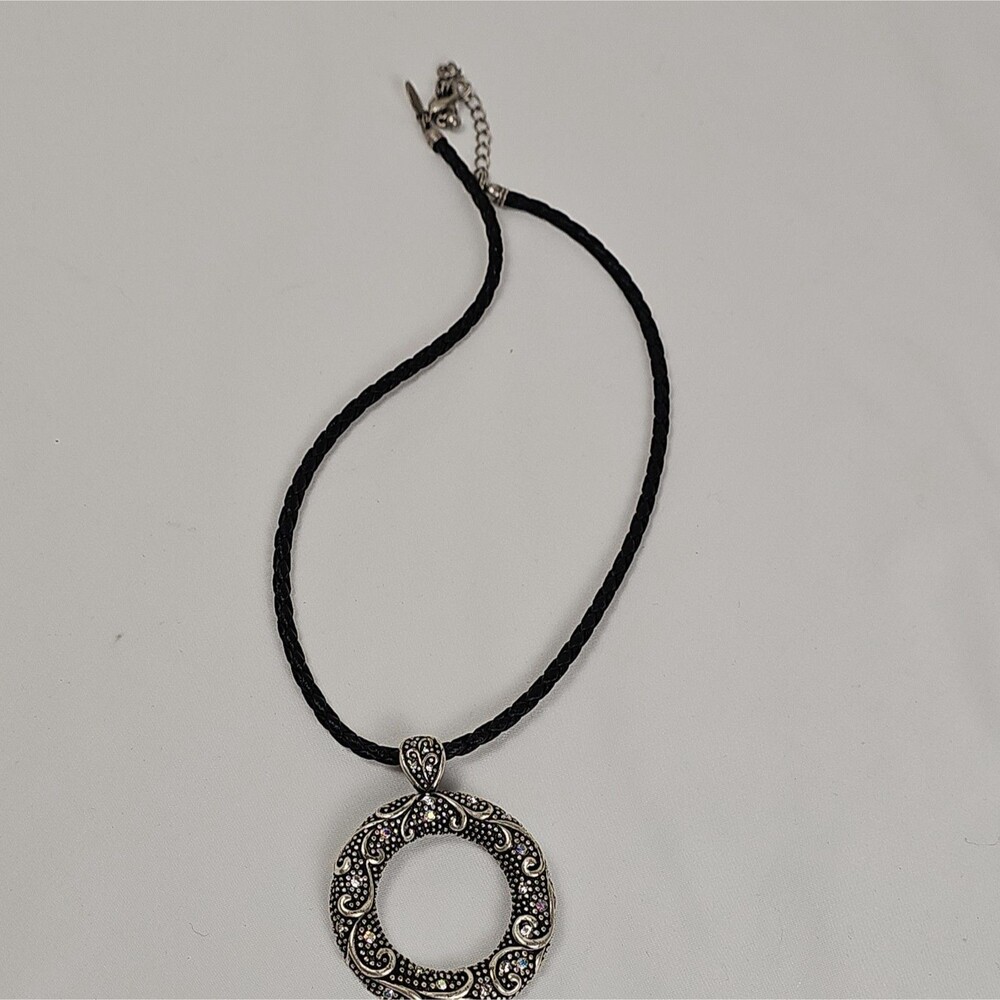 Vintage Lyla Sophia Silver Tone Large Circular Pendant Black Cord Necklace